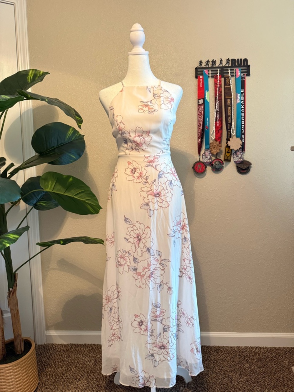 Lulu's Cream Halter Floral Maxi Dress with Pink Accents